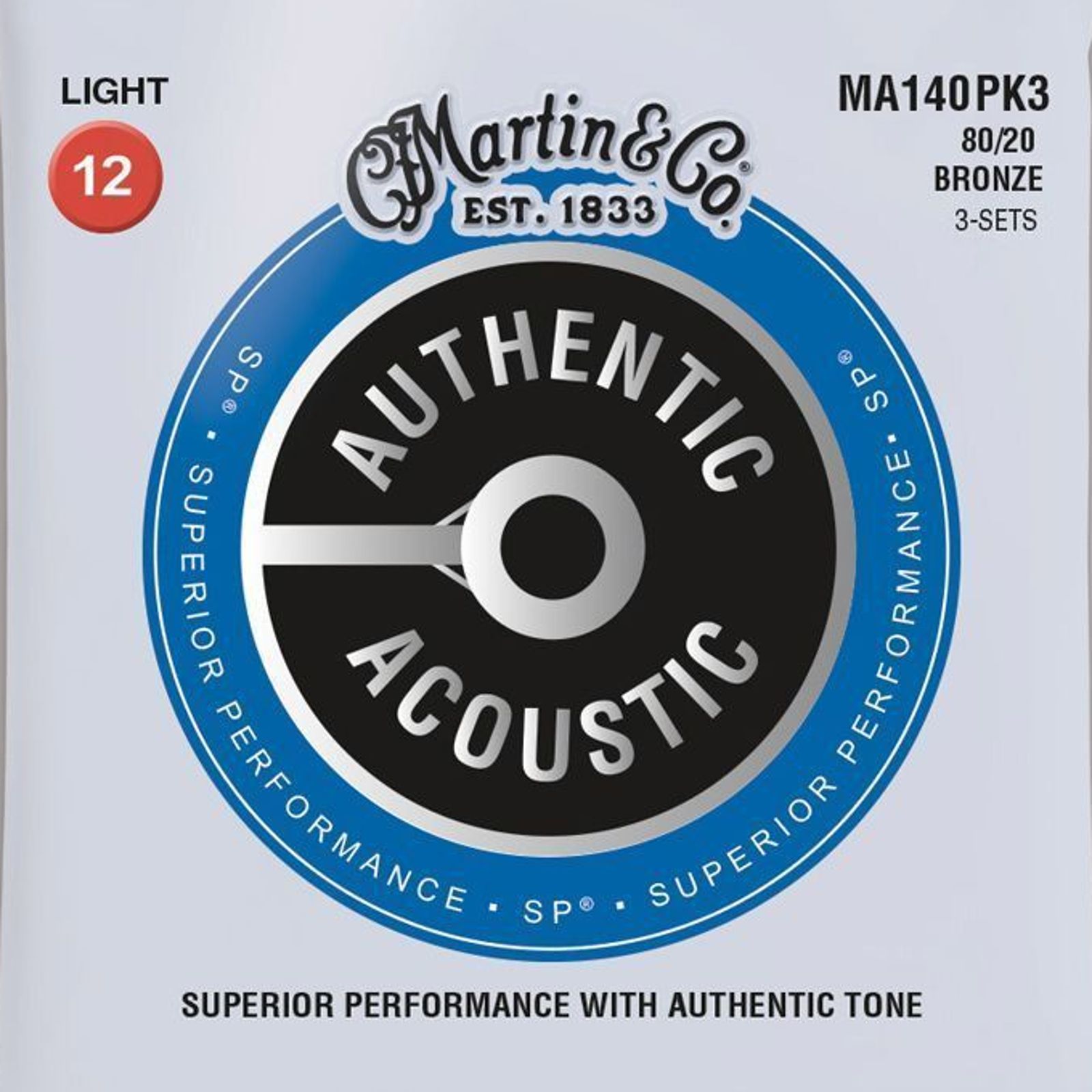 Martin Martin MA140 Authentic Acoustic SP 80/20 Bronze Acoustic Guitar Strings - Light (.12 - .54) - 3 PACK