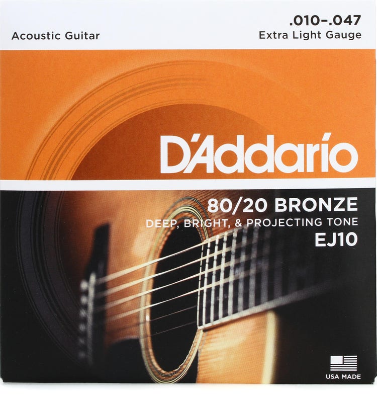 D'Addario EJ10 80/20 Bronze Acoustic Guitar Strings - .010-.047 Extra