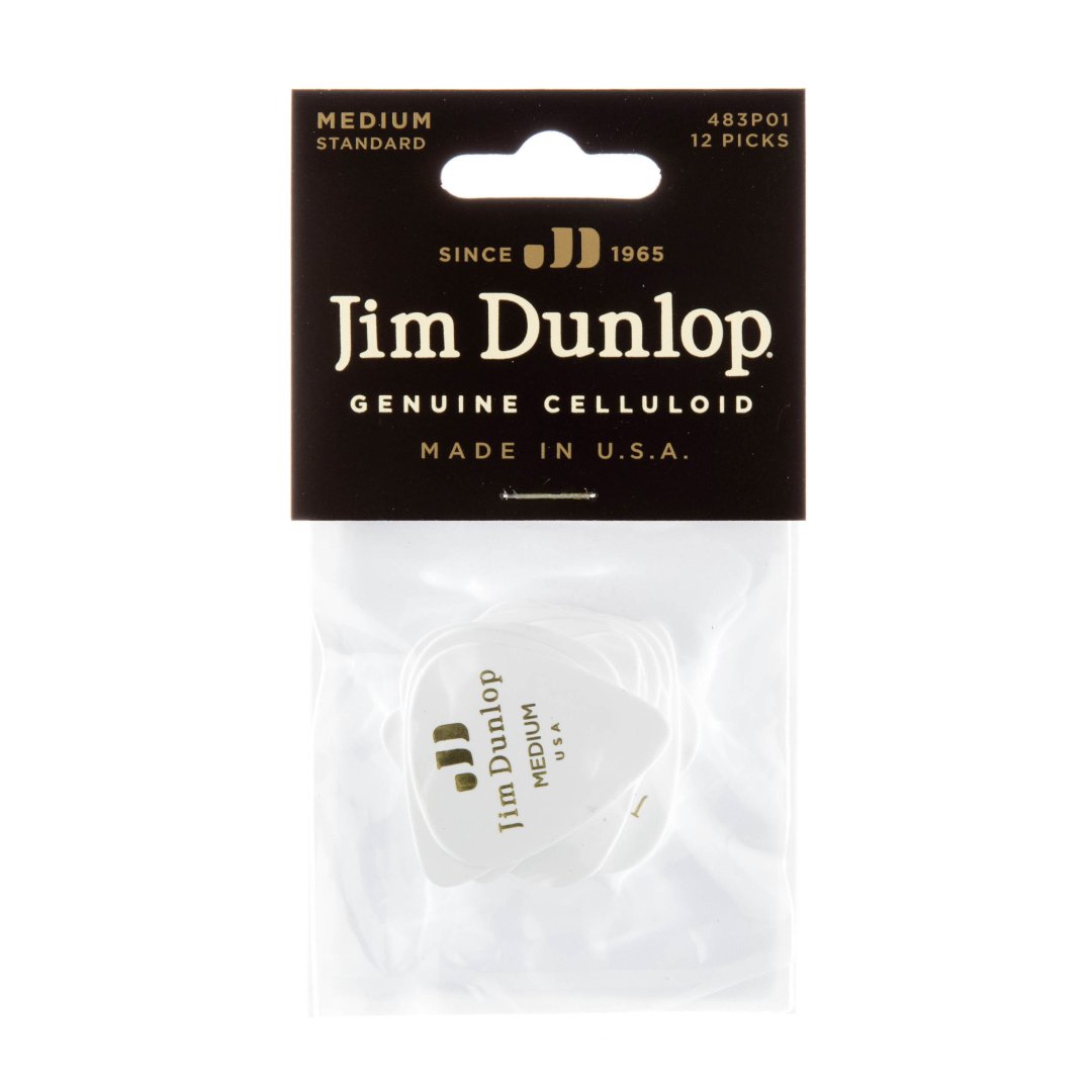 Dunlop 483P01MD Celluloid Guitar Pick. Medium Gauge White (12 Pack)
