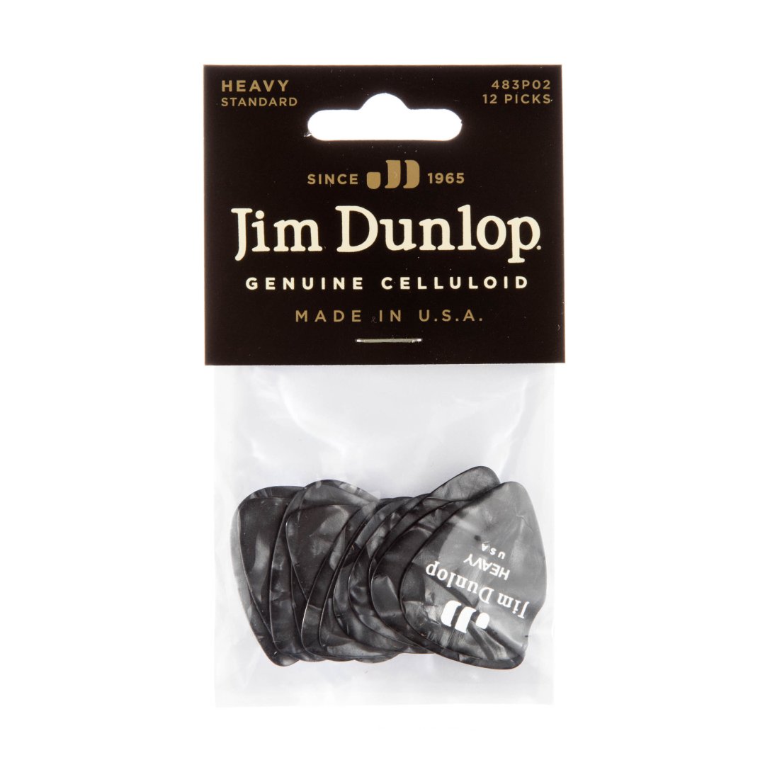 Dunlop 483P02HV Celluloid Guitar Pick. Heavy Gauge Black Pearloid (12