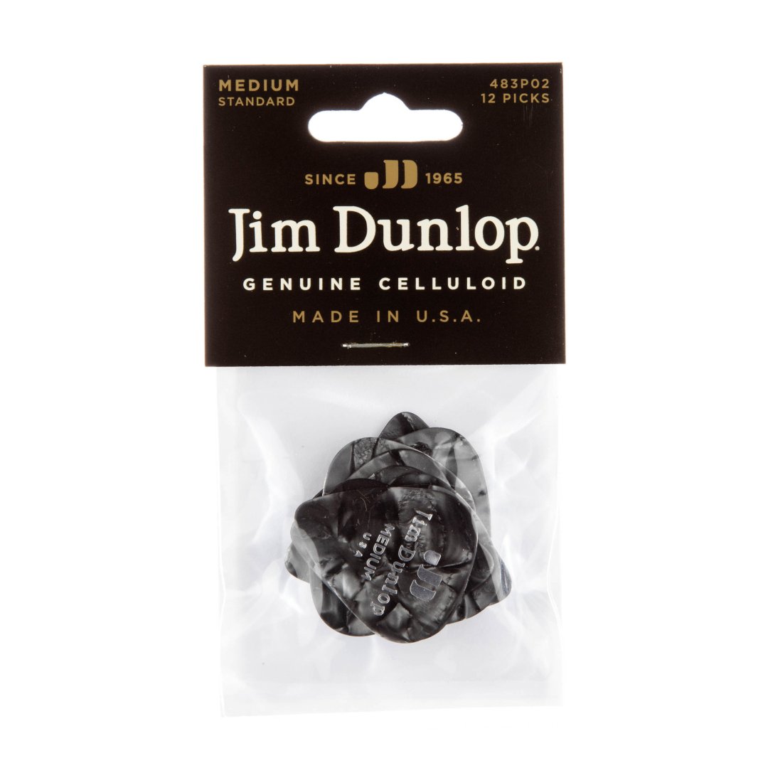 Dunlop 483P02MD Celluloid Guitar Pick. Medium Gauge Black Pearloid (12
