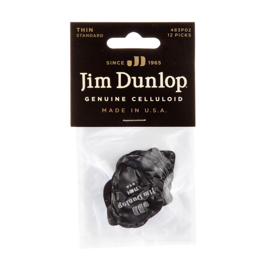 Dunlop 483P02TH Celluloid Guitar Pick. Thin Gauge Black Pearloid (12 P