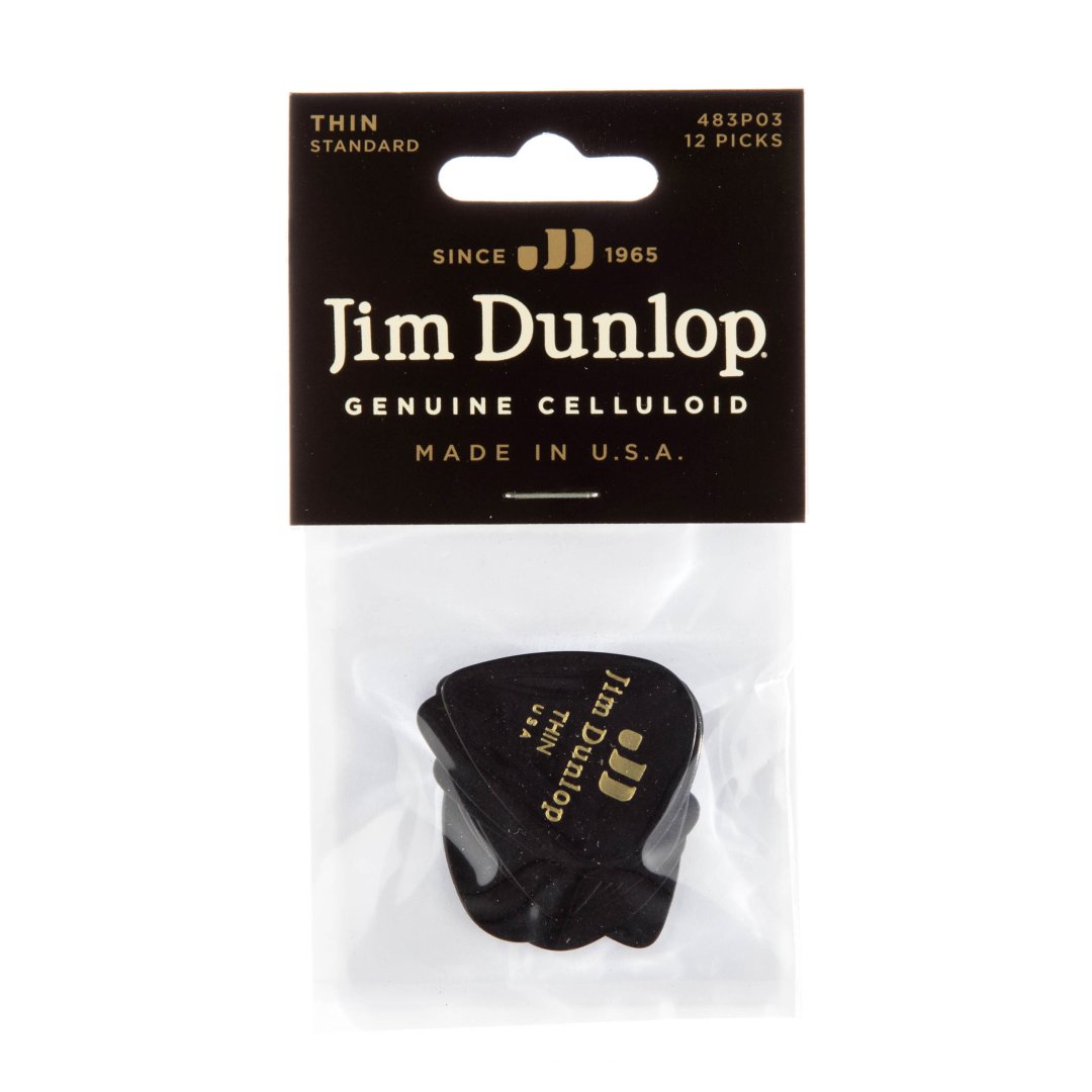 Dunlop 483P03TH Celluloid Guitar Pick. Thin Gauge Black (12 Pack)