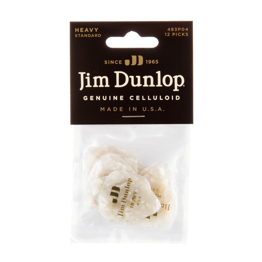 Dunlop 483P04HV Celluloid Guitar Pick. Heavy Gauge White Pearloid (12