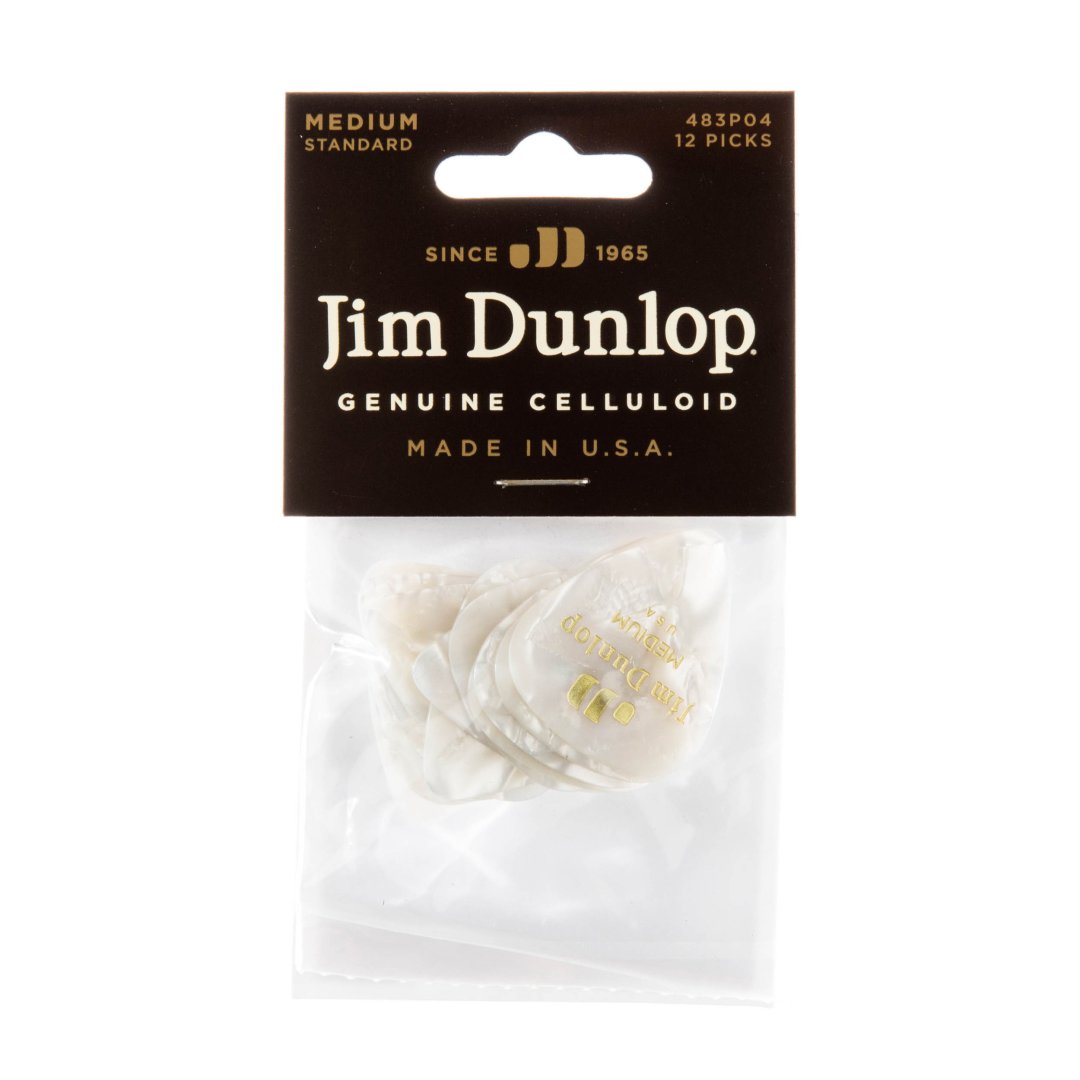 Dunlop 483P04MD Celluloid Guitar Pick. Medium Gauge White Pearloid (12
