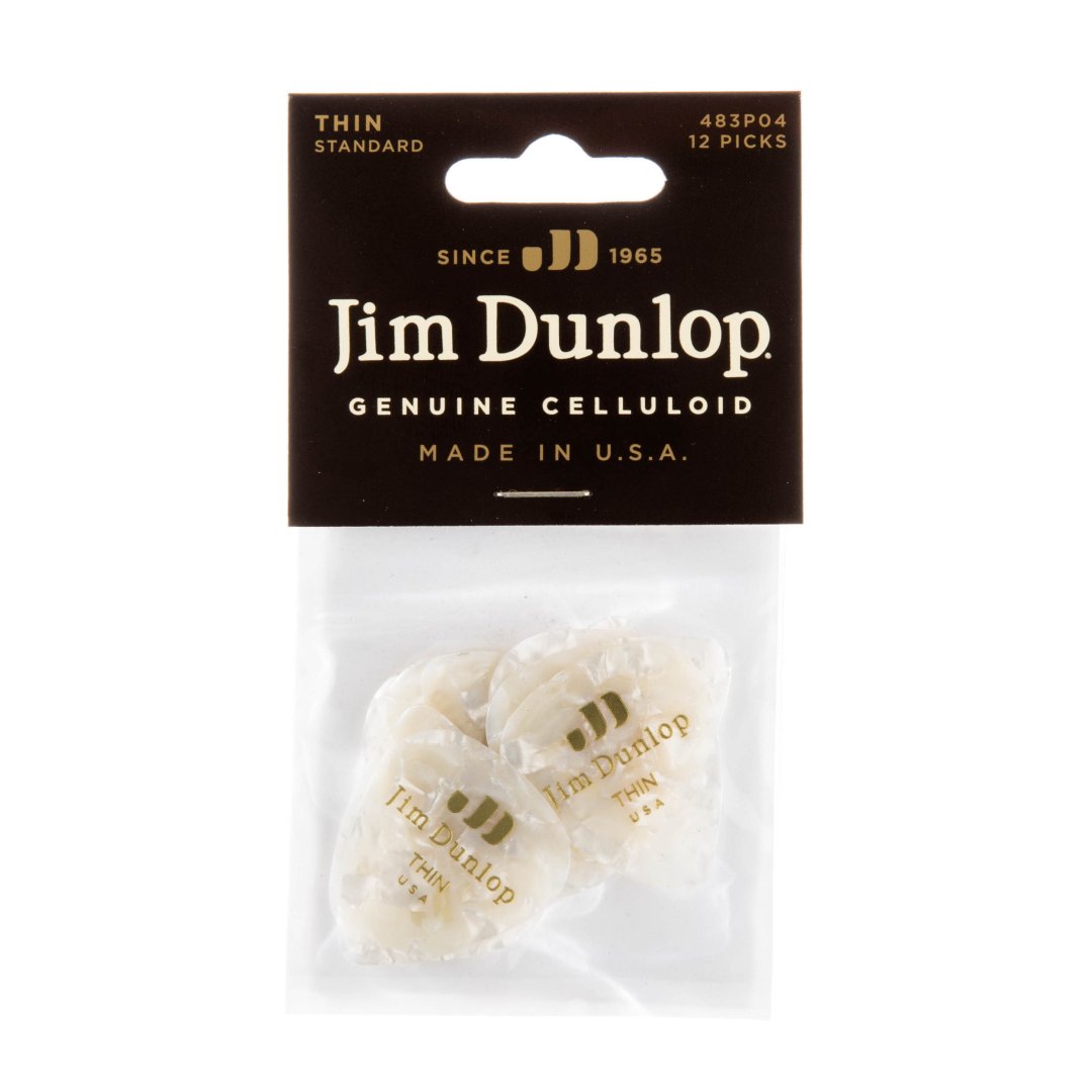 Dunlop 483P04TH Celluloid Guitar Pick. Thin Gauge White Pearloid (12 P