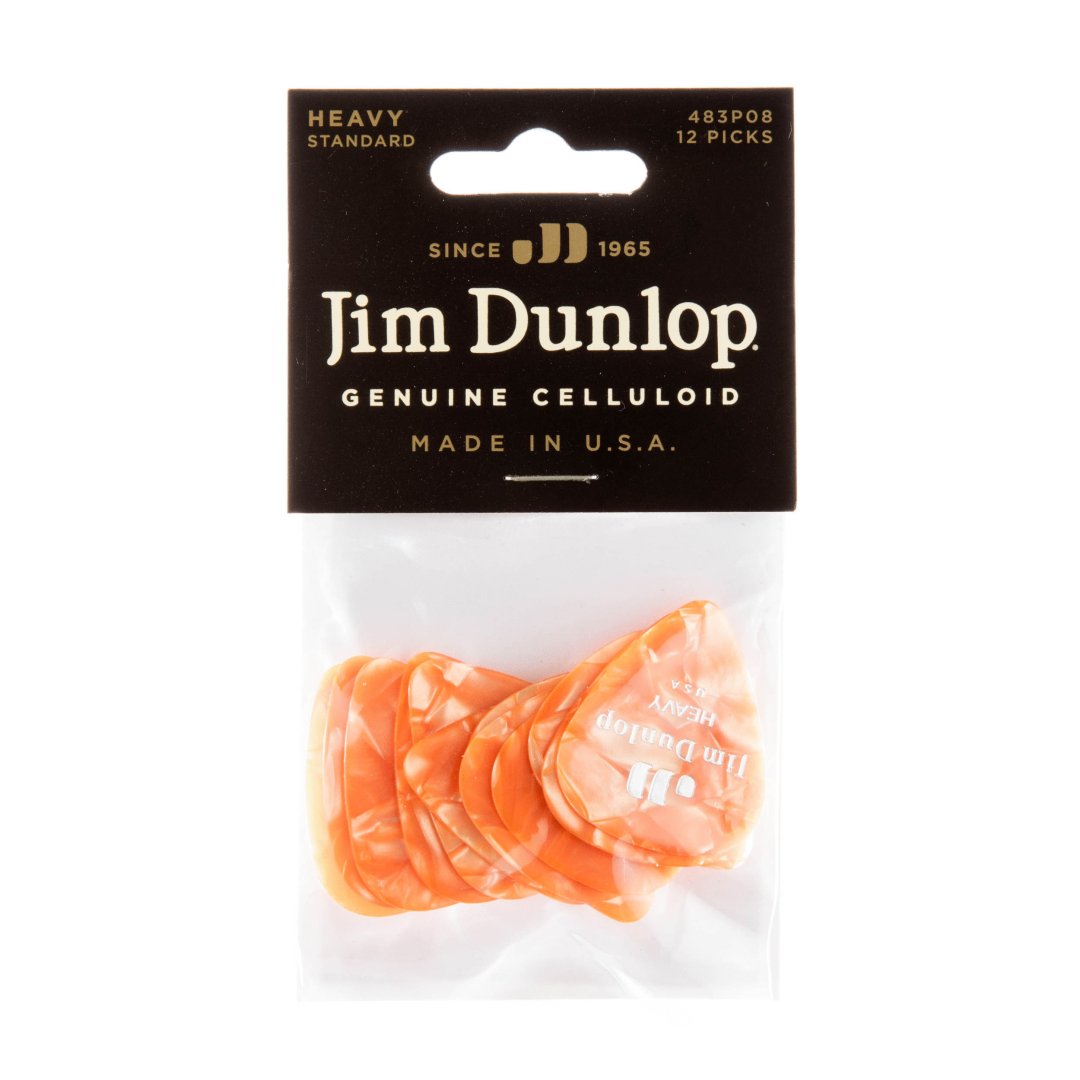 Dunlop 483P08HV Celluloid Guitar Pick. Heavy Gauge Orange Pearloid (12