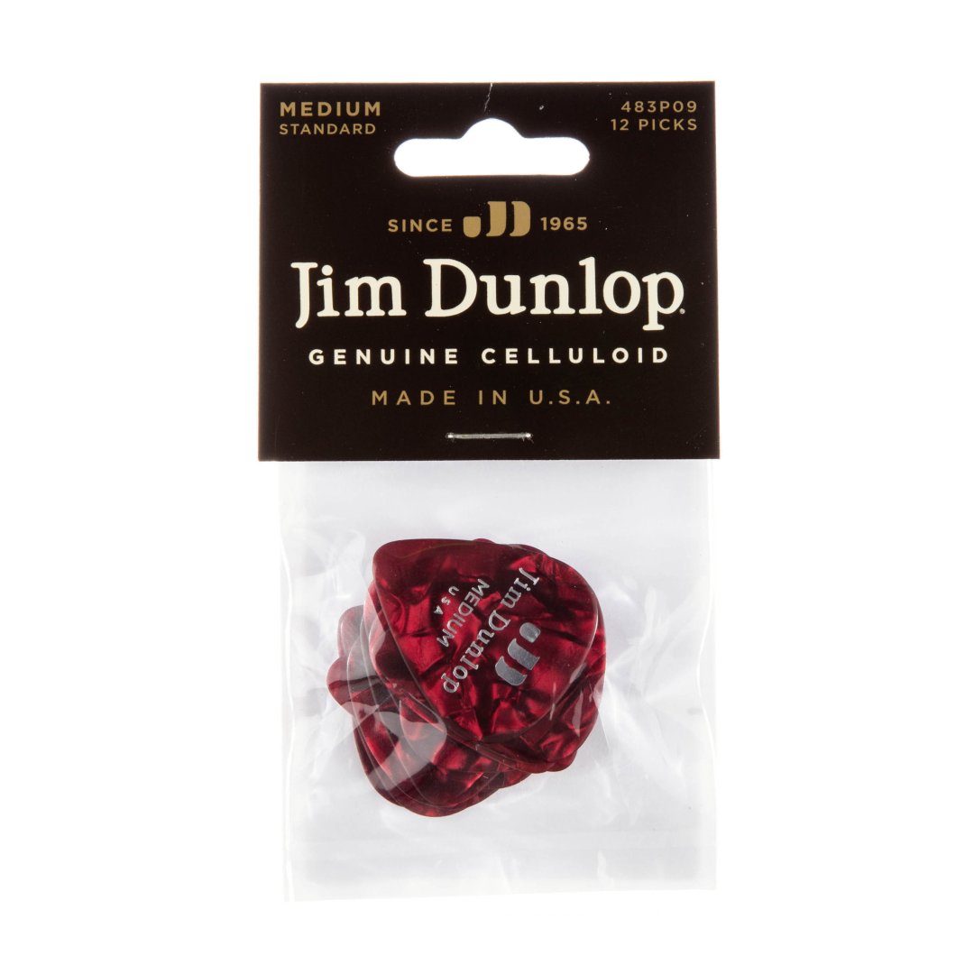 Dunlop 483P09MD Celluloid Guitar Pick Red Pearloid Heavy (12 Pack)