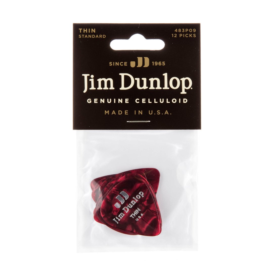 Dunlop 483P09TH Celluloid Guitar Pick Red Pearloid Thin (12 Pack)