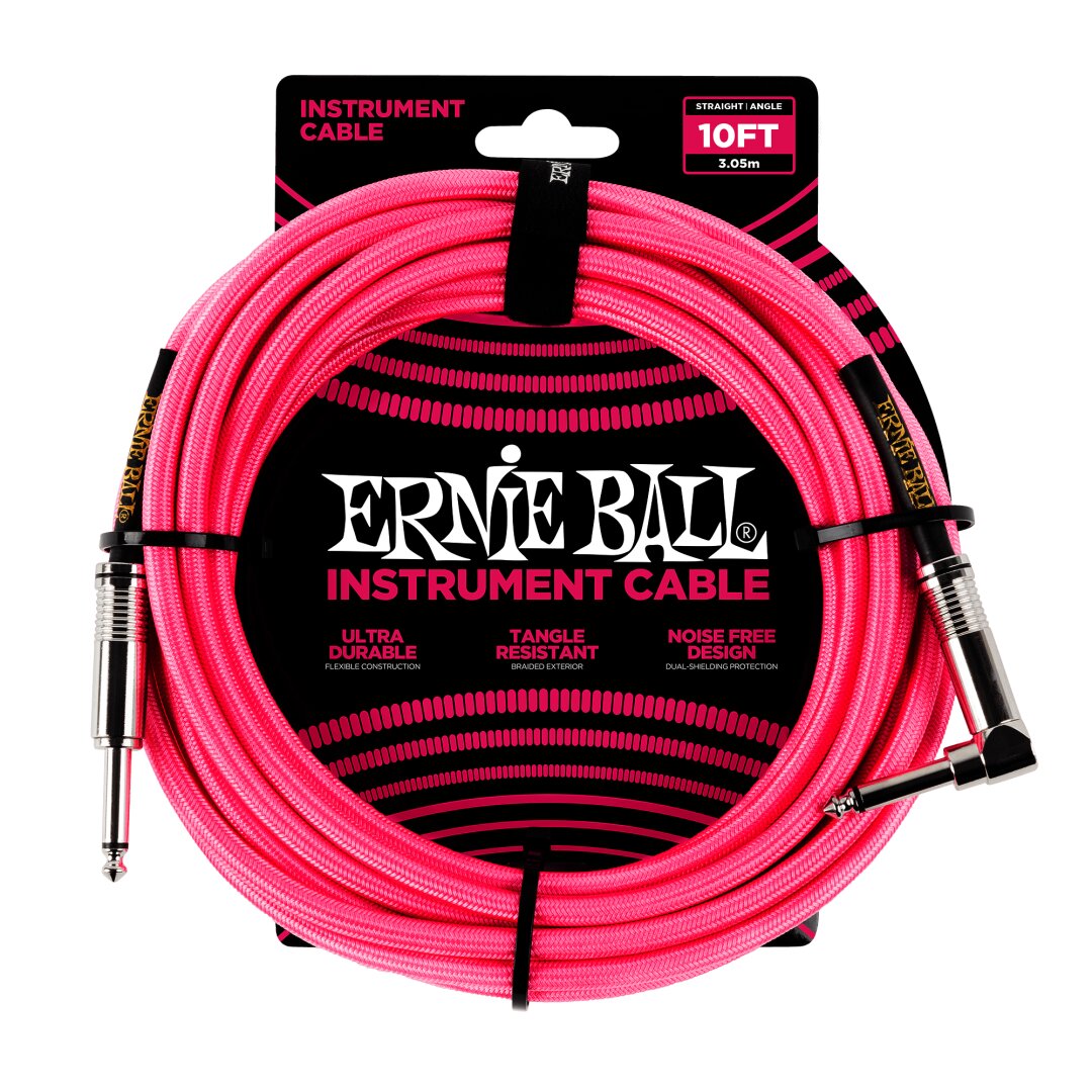 Ernie Ball 10' Braided Straight / Angle Instrument Cable - Neon Pink