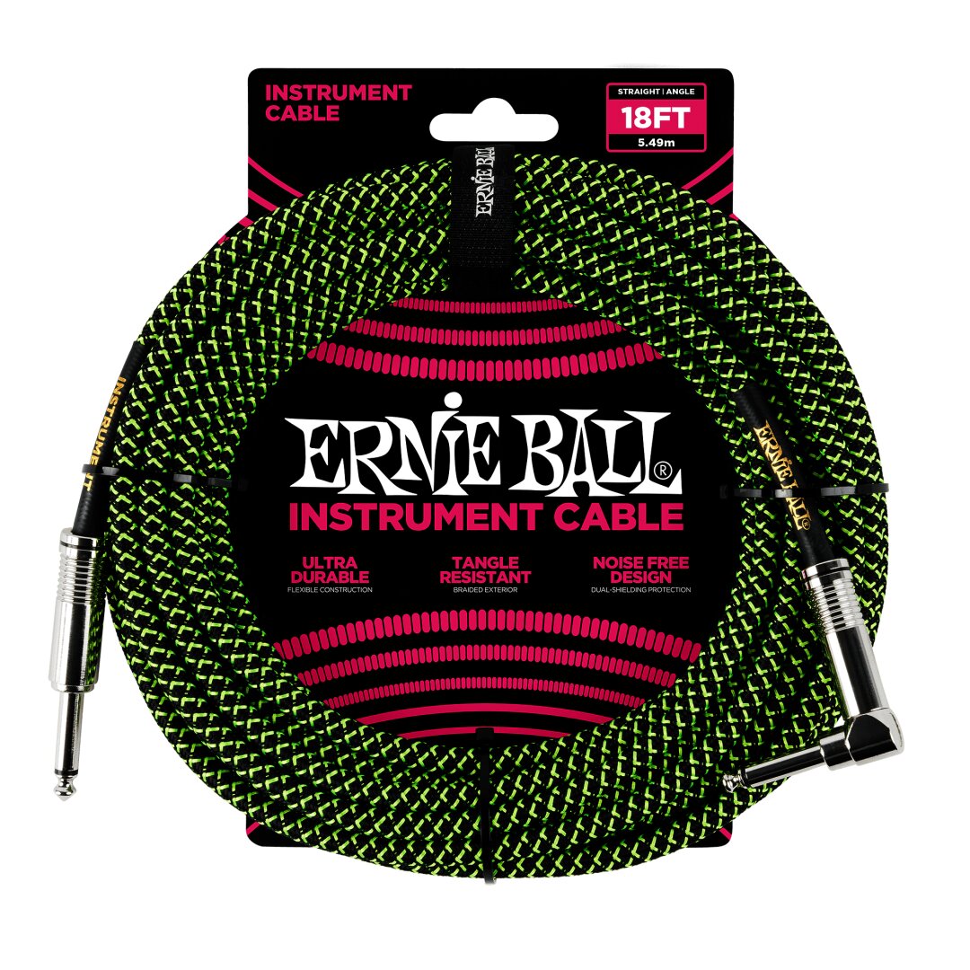 Ernie Ball 18' Braided Straight / Angle Instrument Cable - Black / Green